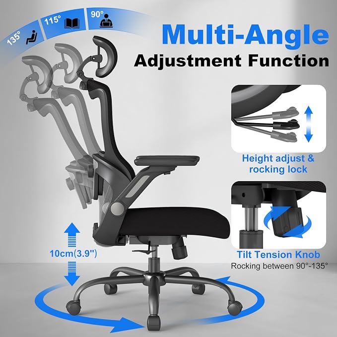 Ergonomic Office Chair, High Back Home Desk Chair with Adjustable Lumbar Support, Flip-Up Arms, Headrest, 90-135° Tilt Lock, Wide Big and Tall Mesh Computer Seating with Wheels