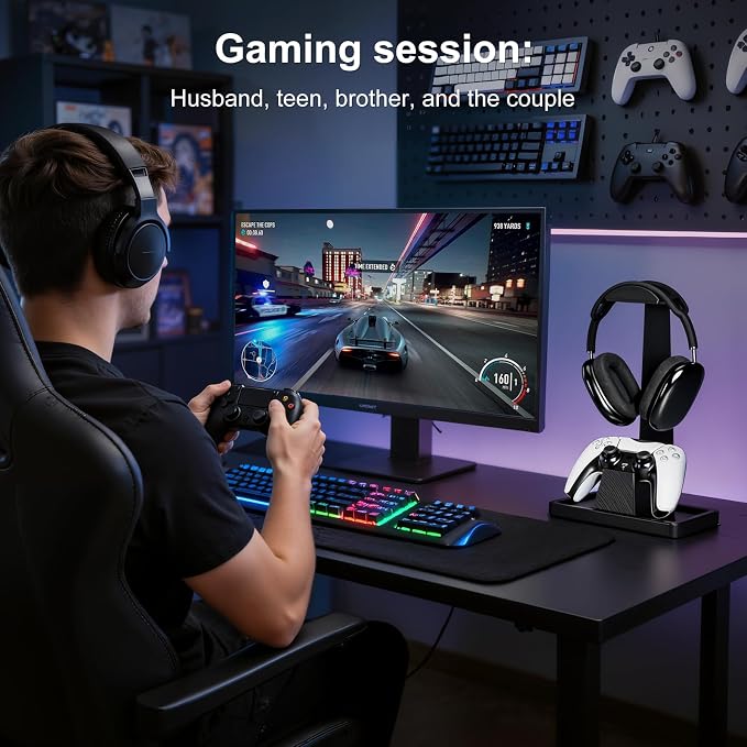 UPERGO Solid Wood Gaming Headset Stand with Controller Holder - Creative Gift for Teens, Boyfriends, Brothers, and Gamers - Desktop Organization and Decoration