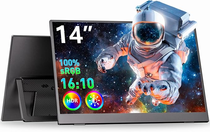 WUAWE Portable Monitor 14" Kickstand Portable Monitor for Laptop, Ultra Slim Built-in 180° Adjustable Stand, Second Screen for Laptop, Desktop, Tablet, Phone, Xbox, PS4/PS5, GEEKOM.