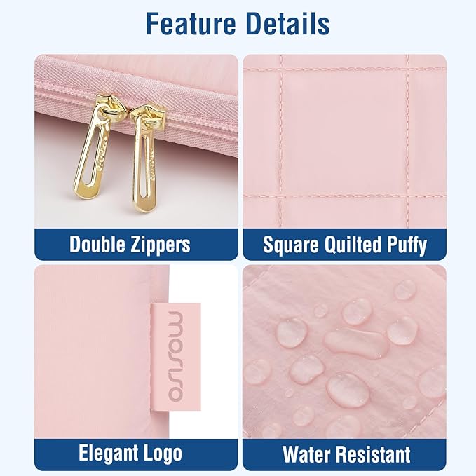 MOSISO Laptop Case 13.3 inch,13-13.3 inch Puffy Laptop Sleeve Compatible with MacBook Air 13 13.6/Neo/Pro 13/Pro 14,HP Dell ASUS,Twelve Square Quilted Bag with Vertical Pocket&Small Case, Pink