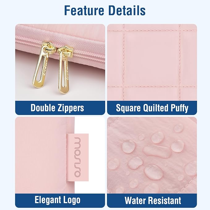 MOSISO Laptop Case 16 inch, 15-15.6 inch Puffy Laptop Sleeve Compatible with MacBook Pro 16 M5 M4 M3 M2 M1, HP Acer Dell Lenovo,Twelve Square Quilted Bag with Vertical Pocket&Small Case, Pink