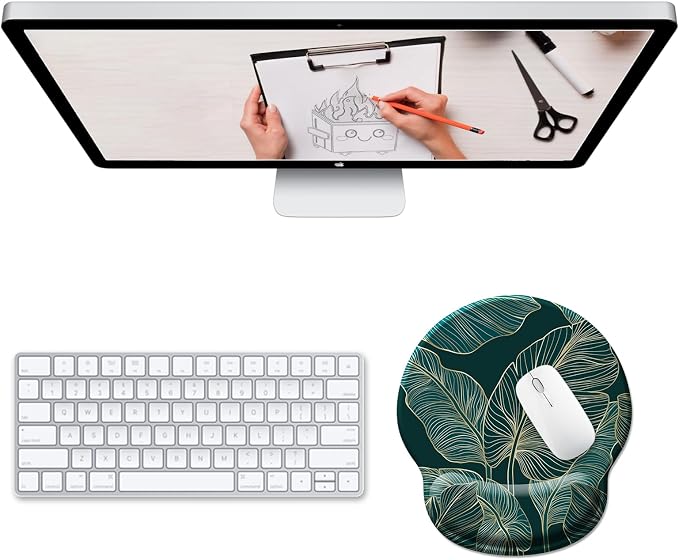 Hancynir Ergonomic Mouse Pad Wrist Support, Green Tropical Leaves Mouse Pads with Wrist Rest, Computer Mousepad for Gaming with Non-Slip PU Base, Comfortable Mouse Pad Office Decor Desk Accessories