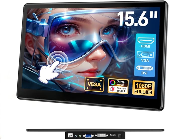 15.6 inch Portable Touchscreen Monitor with HDMI VGA DVI Ports, Screen Extender FHD 1920×1080 IPS Small Touch Screen Display Compatible with Laptops PC PS5/4, Industrial (with Remote)