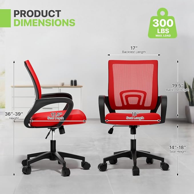 Magshion Ergonomic Office Chair Pack of 2, Mid-Back Mesh Desk Chair, Adjustable Swivel Computer Chair with Lumbar Support & Breathable Backrest for Gaming, Work, Study, 300 Lbs Capacity, Red