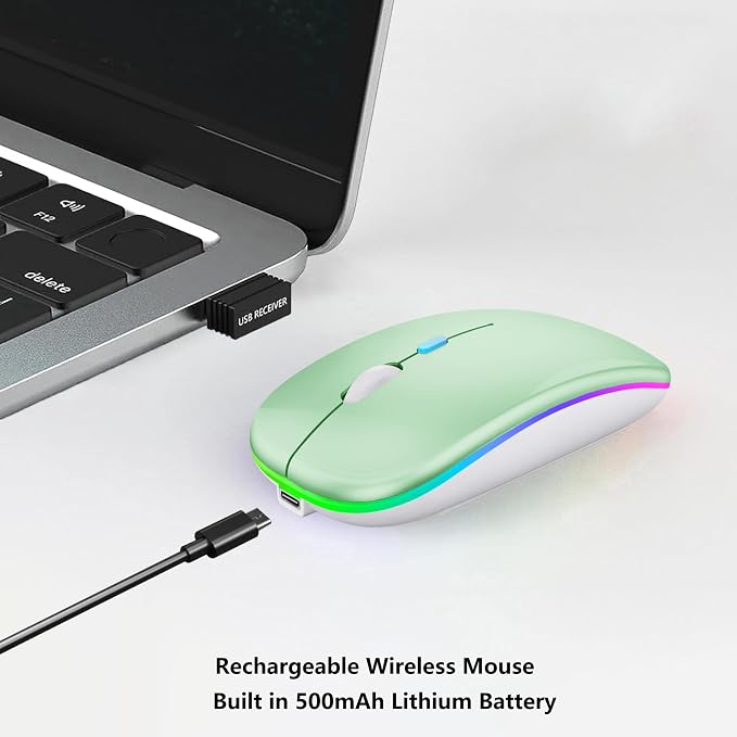 WREANU Wireless Bluetooth Mouse Rechargeable Laptop Mice with LED Lights Silent Slim Use(BT5.2 and 2.4G Portable USB Receiver)Dual Mode Computer Mouse for Laptop/iPad/Tablet/Apple/Computer/Mac(Green)