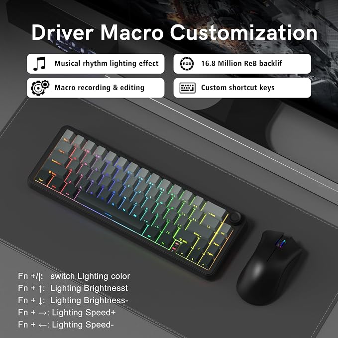 womier L65 60% Mechanical Keyboard Wireless with Knob, Black Gaming Keyboard 4000mAh Battery, Tri Mode USB-C/BT5.0/2.4G Gasket Mounted Key Board RGB Hot Swappable with Gradient keycaps-Linear Switch