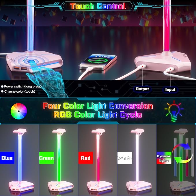 Pink RGB Headphone Stand with 2 USB Ports & Extension Cord, Gaming Headset Stand for Desktop Table, PC Gaming Accessories, Gifts for Girlfriend,Teen Boys Girls, Gaming Setup Organizer