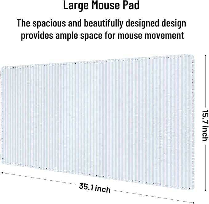 Large Mouse Pad Leather Non-Slip Waterproof Gaming Mouse Pad for Office Laptop Home Blue White Vertical Stripes Desk Protector Mat 31.5"x13.7" Writing Pad