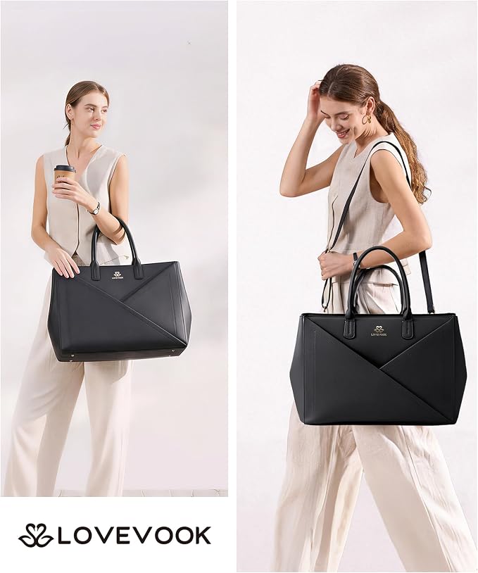 LOVEVOOK Laptop Tote Bag for Women with Large Cup Holder, 16 Inch PU Leather Work Bag Teacher Tote Bag, Waterproof Computer Bags Business Office Briefcase Handbag