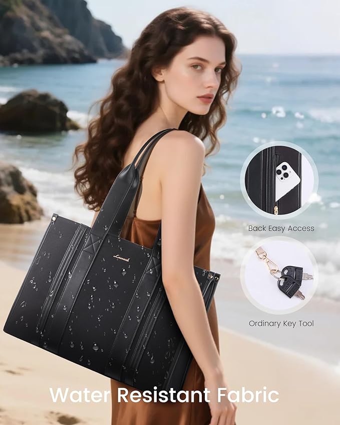 LOVEVOOK laptop bag for women 15.6 inch large Lightweight canvas work tote bags with Clutch Purse water resistant computer bags for laptops for women Business Office Travel college Casual, black