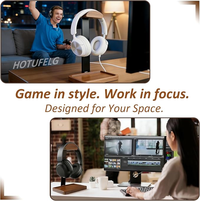 Solid Wooden Headphone Holder, 2-in-1 Universal Headphone Stand with Storage Tray for Desk, Headset Stand for Gaming Table Compatible with Airpod Max, Bose,Sennheiser, JBL, AKG(Wood Arc Top)