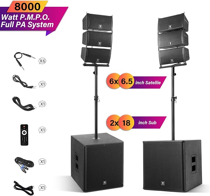 PRORECK Club 8000W P.M.P.O Powered PA Speaker System, 6 Line Array Speakers & 2PCS 18 Inch Subwoofers, Bluetooth USB SD Card Audio System with Remote Control for Wedding Church Conference Stage Party