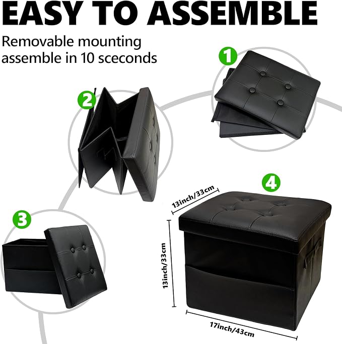 ALASDO Storage Ottoman Footrest Stool Small Ottoman with Storage Foldable Ottomans Foot Rest Footstool Bench for Living Room 17x13x13inches Black