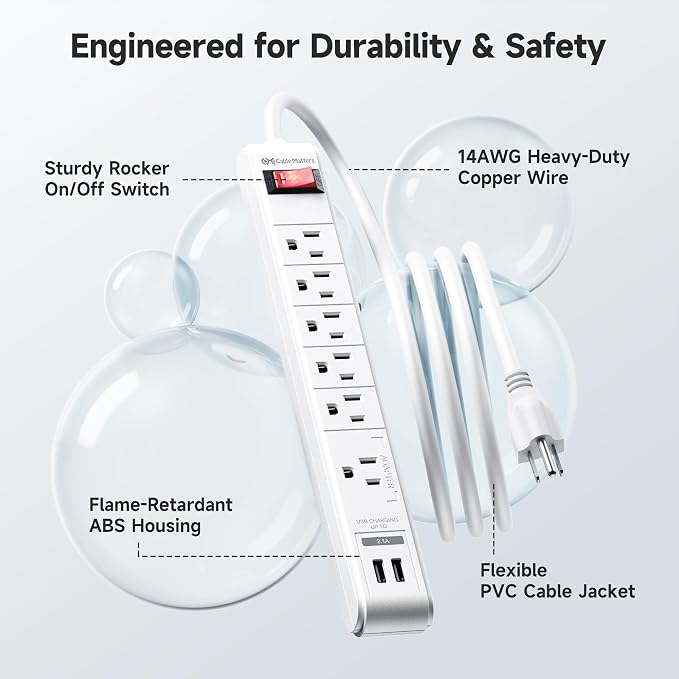 [ETL Listed] Cable Matters 2-Pack 6-Outlet Surge Protector Power Strip with USB Ports - 8ft, Long Extension Cord, Surge Protector with USB Ports, White