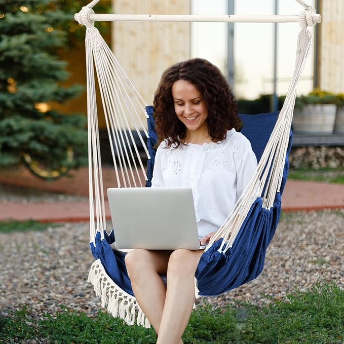 Chihee Hammock Chair Hanging Chair with Foot Rest 2 Cushions Max 500lbs Robust Metal Spreader Bar Collapsible Easy Storage Soft Cotton Swing Chair Strong Strap Iron Carabiner Side Pocket Included