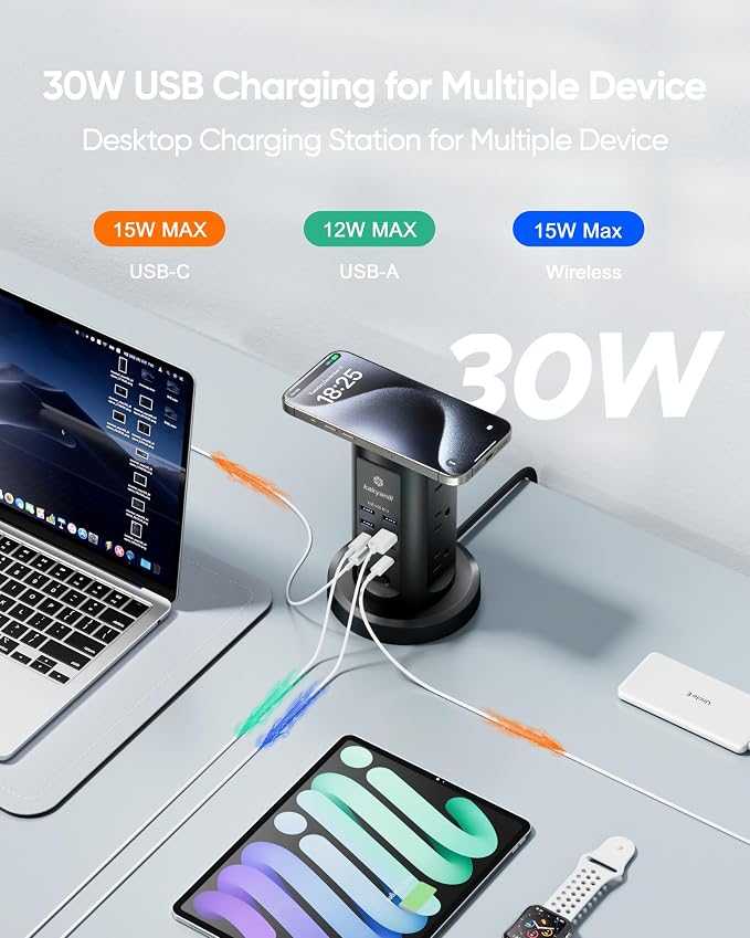 Kakyanill 30W USB Charging Station, Surge Protector Power Strip Tower, 9 AC Outlets with 8 USB Ports(4 USB-C), 6Ft Flat Plug Retractable Extension Cord, for Home Office Dorm, Black