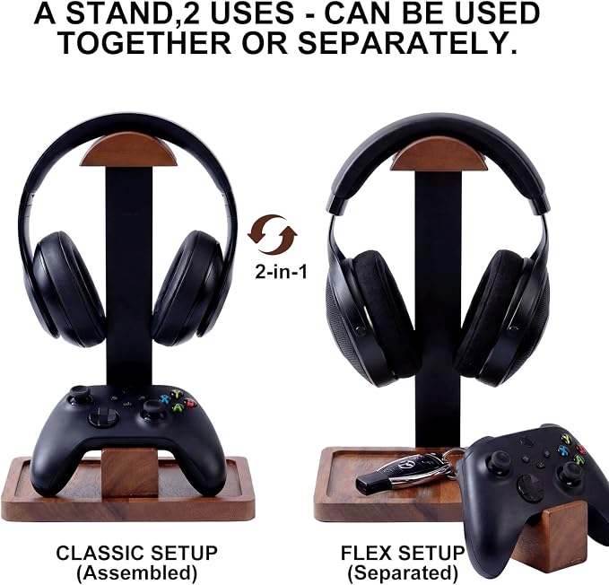 Headset Stand with Gaming Controller Holder, Walnut Wood Headphone Stand with Storage Base, Gaming Equipment Accessories for Desk Fits Xbox PS5 PS4 PC Gaming