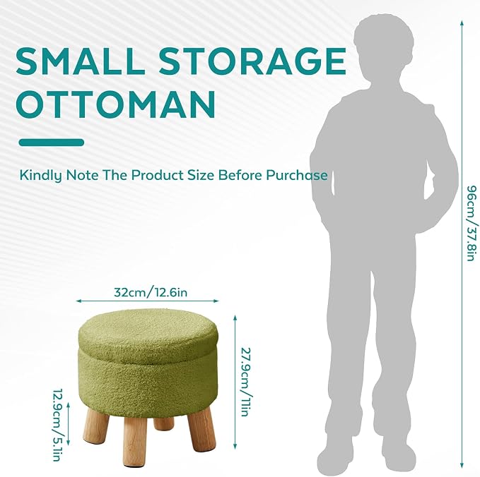 Small Foot Stool Ottoman with Storage, Sherpa Ottoman Foot Rest for Couch, Round Footstool with Storage, Small Ottomans and Footstools for Living Room and Entryway (Bright Green)