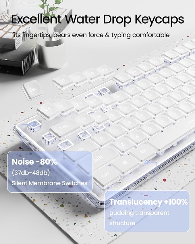 V3 Wireless Keyboard and Mouse with Single Backlit, Metal Panel, Bluetooth/2.4G Rechargeable Computer Keyboard and Mouse Combo Silent Lighted Full Size Cute Keyboards-White