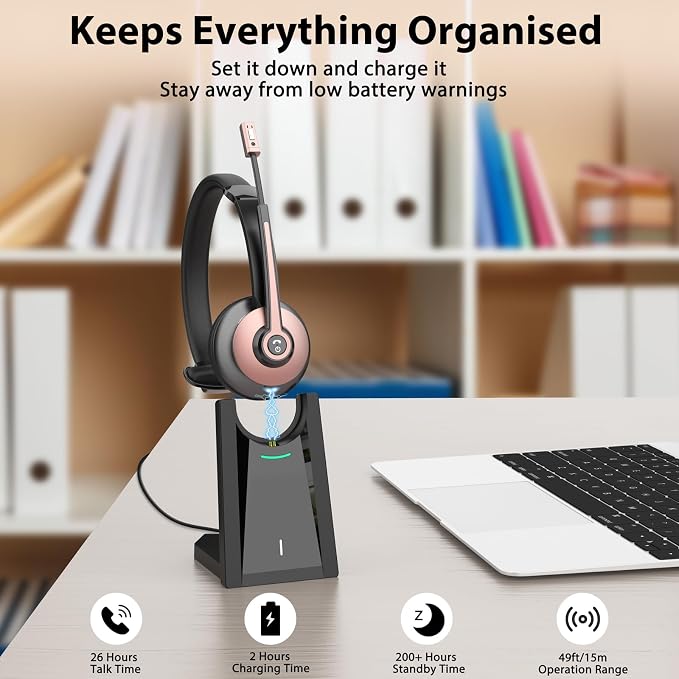 Wireless Headset with Mic for Work, Bluetooth Headset with Noise Cancelling Mic & USB Dongle for Meeting, Single Ear Work Headset with Charging Base & Mute for Teams/Zoom/Home/Office/Computer/Laptop
