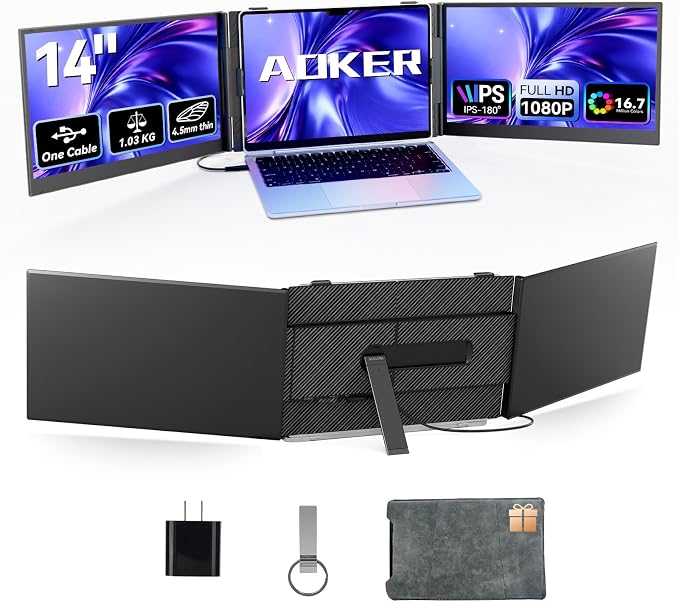 One Cable Connection Triple Laptop Screen Extender - Ultra Thin 14" Monitor IPS FHD 1080P Lightweight Portable Display for 13"-17" Laptops Compatible with Windows Mac Chrome Travel Work Setup