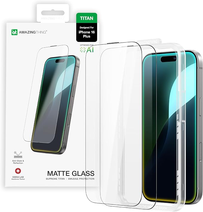 AMAZINGthing for iPhone 17 [Titan Filter 7 - Full Glass] Screen Protector, 9H Tempered Glass, Full Coverage, Case‑Friendly, Oleophobic, Alignement Frame, 2 Pack (Anti-glare&reflexion Matte, iPhone 16 Plus)