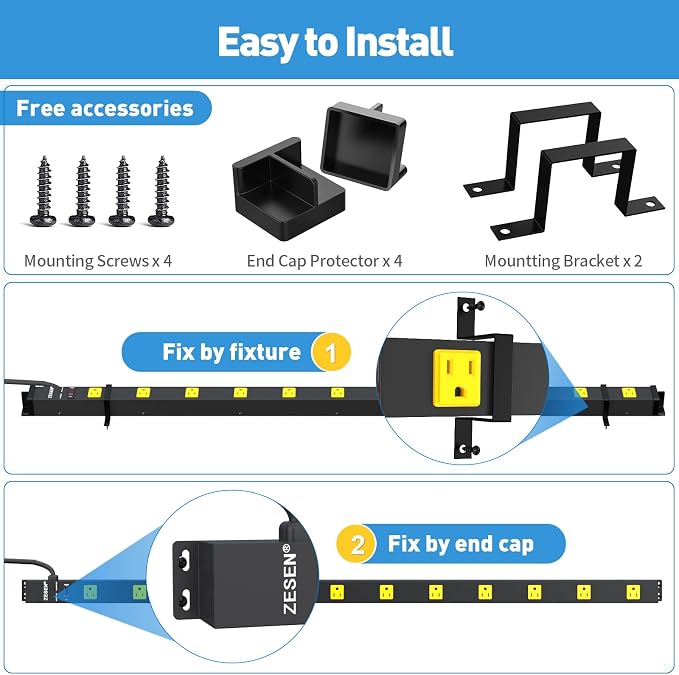 ZESEN 12 Outlet Long Power Strip with 6FT Power Cord, Industrial Heavy Duty for Work Bench Shop Garage, 2100 Joules Surge Protector, Wide Spaced Outlet Power Bar, ETL Certified, Black