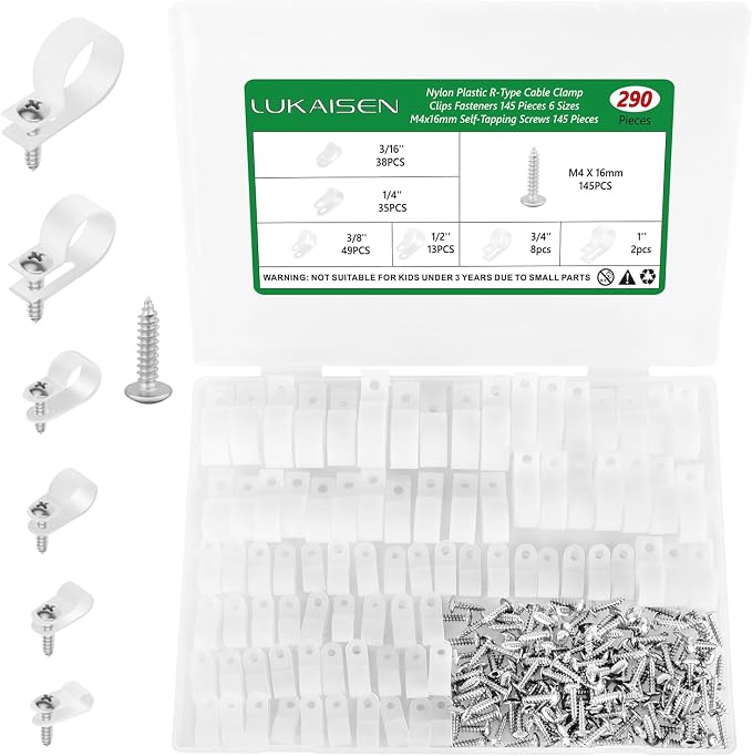 Cable Clips for Cable Management Cord Organizer, 6 Sizes 290 PCS Nylon R-Type, 3/16'' 1/4'' 3/8'' 1/2'' 3/4'' 1'' White Plastic Screw Mounting Cord Fastener Clamp Assortment Kit with M4 Screws