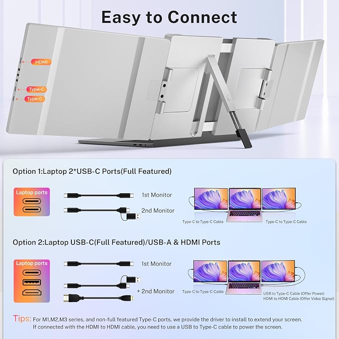 Triple Screen Laptop Monitor Extender - 2.5K QHD IPS Triple Portable Monitor for Laptop 13.3-17 Inch, Plug Play and Compatible with MacOS/Wins/Chrome/Dex (Silver)
