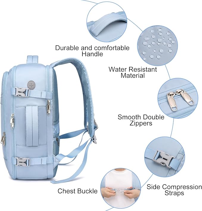 EZUOLA Travel Backpack for Men Women,Carry On Backpack Airline Approved,Backpack for College Essentials with 15.6inch Laptop Compartment, Lightweight Work Back pack for Weekend Business,Gifts Blue