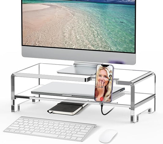Acrylic Monitor Stand Riser Acrylic Laptop Stand Clear Computer Stand Laptop Riser with Storage Desk Organizer Accessories for Home and Office