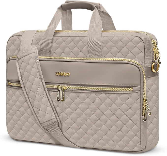 MOSISO 15-16 inch Laptop Bag, Laptop Briefcase Messenger Compatible with MacBook Pro 16/Air 15, HP, Dell, Lenovo, Square Quilted Computer Bag Work Office Business with 3 Pockets&Strap, Taupe Brown