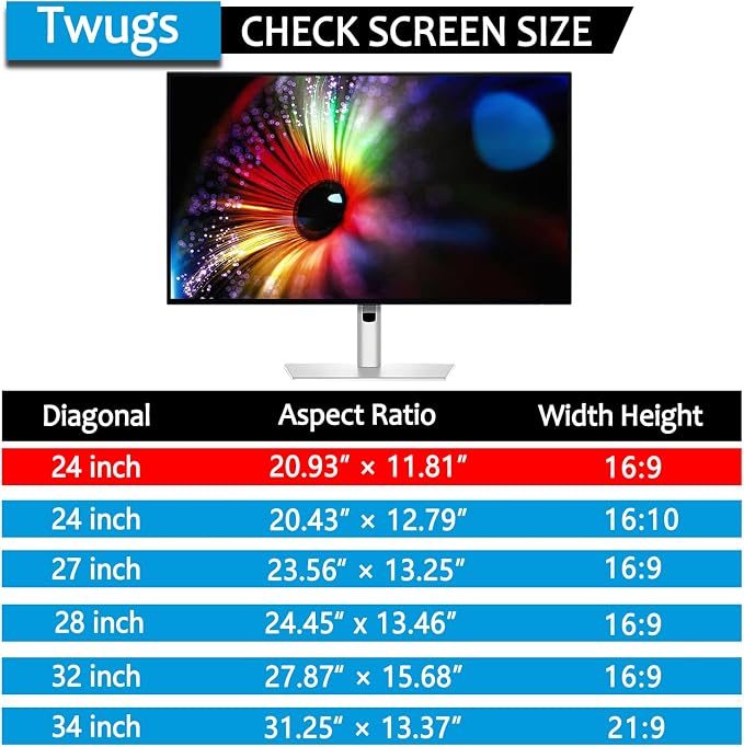 [1 Pack] Twugs Computer Privacy Screen 24 Inch, Display Privacy Shield for 16: 9 Aspect Ratio, Monitor Anti-Glare & Privacy Filters, Anti-Blue Light, Removable