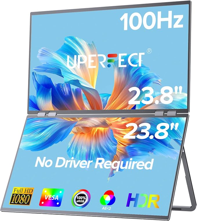 UPERFECT Delta 23.8" 100Hz Portable Dual Monitor for Laptop Screen Extender, 1080P HDR 360° Folding Stacked Triple Monitor with Stand & VESA for Laptop PC Phone Game Console (No Driver Needed)