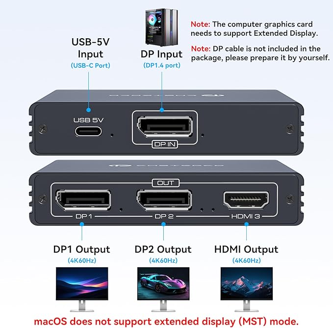 Displayport Splitter 3 Monitors Dual DP with HDMI Adapter 4K60Hz Extended Display 1 in 3 Out Displayport MST Hub for Multiple Monitors Compatible for PC, Graphics Card, Lenovo, HP and More