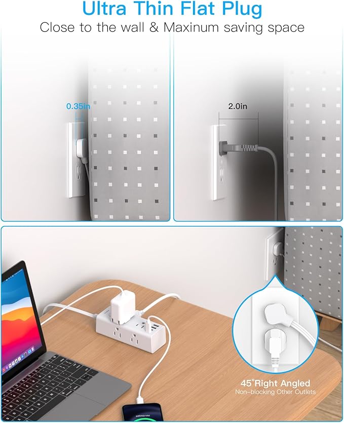 25Ft Extension Cord with Multiple Outlets, Flat Plug Power Strip Surge Protector with 20 Ft Long Cord, 6 Outlet 4 USB Ports (2 USB C), Multi Outlet Wall Plug for College, Dorm Room Essentials(White)