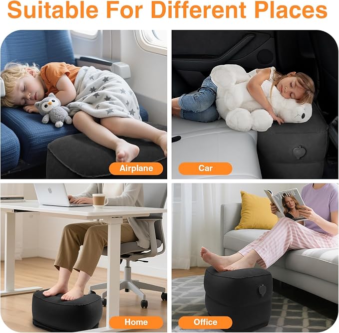 Maliton Inflatable Foot Rest Pillow for Travel,Kids Airplane Bed,Adjustable 3 Layers Height Leg Pillow of Air Travel Essentials,Car, Office, Home - Fast Inflation (Black)