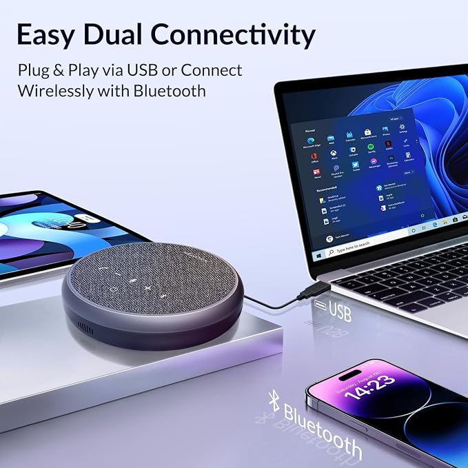 Conference Speakerphone, 3 AI Mics 360 Voice Pickup, Smart Noise Cancelling, Portable Speaker for Video Calls, Home Office & Small Team Meetings