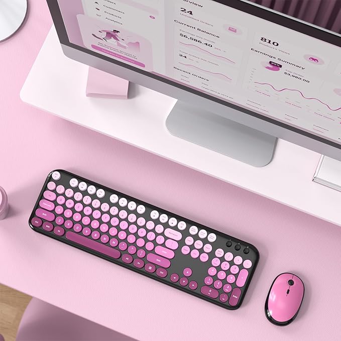 MOFII Wireless Keyboard and Mouse Combo, 2.4GHz Retro Typewriter Keyboard Full Size, Quiet Click Mouse, USB Receiver Plug and Play, for PC, Laptop, Desktop, Windows (Black Pink Gradient)