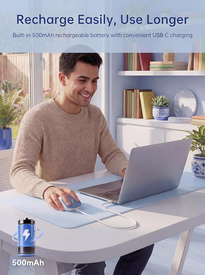 hunart H6 49g Wireless Mouse, Bluetooth & 2.4GHz Rechargeable Mouse, Lightweight Silent Ergonomic Mouse with USB-C Charging, Portable Right-Hand Mouse for Laptop, PC, MacBook, Office (Blue)