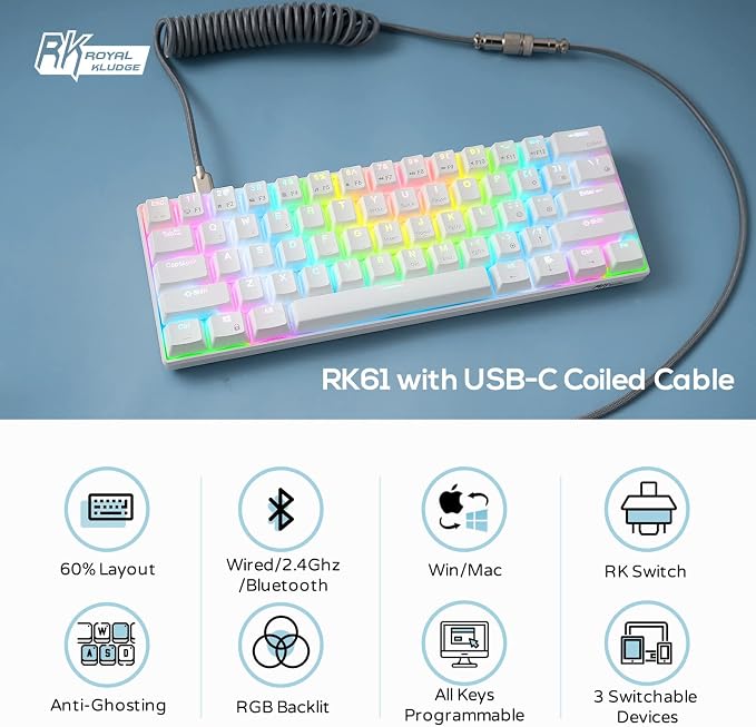 RK ROYAL KLUDGE RK61 60% Mechanical Keyboard with Coiled Cable, 2.4Ghz/Bluetooth/Wired, Bluetooth 61 Keys, Wireless RGB Hot Swappable Brown Switch Gaming Mini Keyboard with Software - White