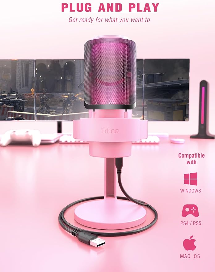 FIFINE USB Streaming Gaming Microphone, PC Condenser Desktop Mic for Video, Home use, YouTube, with RGB Control, Gain Knob, 3.5mm Headphone Jack, Shock Mount, on Computer/PS5-AmpliGame A8 Pink