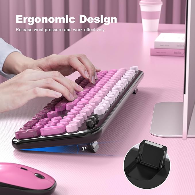 MOFII Wireless Keyboard and Mouse Combo, 2.4GHz Retro Typewriter Keyboard Full Size, Quiet Click Mouse, USB Receiver Plug and Play, for PC, Laptop, Desktop, Windows (Black Pink Gradient)