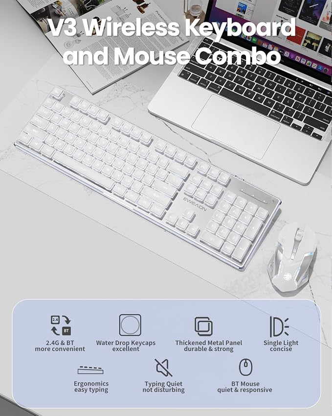V3 Wireless Keyboard and Mouse with Single Backlit, Metal Panel, Bluetooth/2.4G Rechargeable Computer Keyboard and Mouse Combo Silent Lighted Full Size Cute Keyboards-White