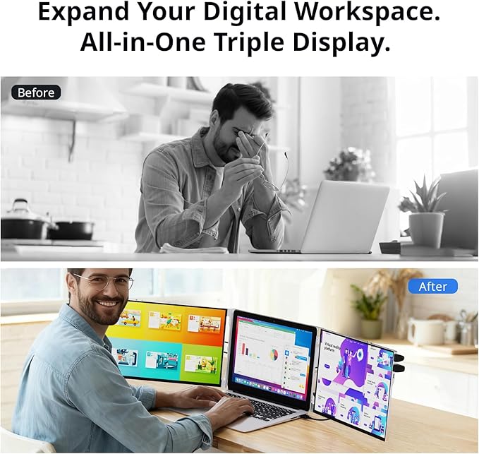 AYY Laptop Screen Extender, 14" FHD 1200P Portable Triple Monitor for 13"-17" Laptops, Aluminum Alloy Stand, Compatible with MacOS/Windows/Chrome