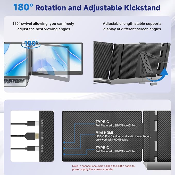 Laptop Screen Extender, 14” FHD 1080P IPS Dual Laptop Monitor Extender, Portable Monitor for 13-17.3” Laptops, Plug & Play Dual Screens for Windows/Mac with USB C/HDMI Port