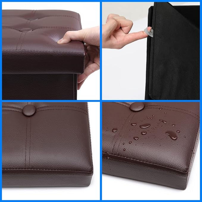 Bsketa 2PC Storage Ottoman, Folding Foot Stool with Thicker Foam Padded Seat Small Leather Storage Ottoman Bench Foot Rest for Living Room Foldable Coffee Table 17x13x13in,Brown