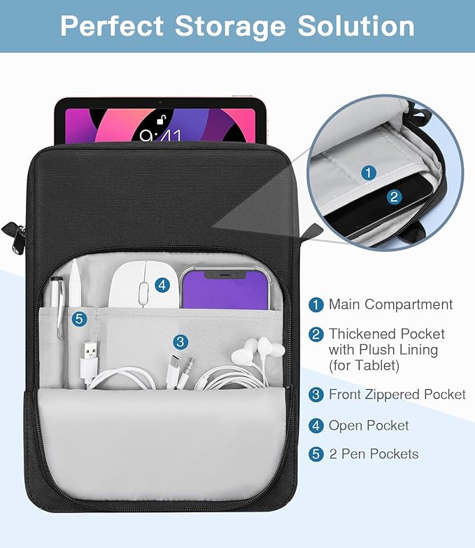 MoKo 9-11 Inch Tablet Sleeve Bag Handle Carrying Case with Shoulder Strap Fits New 11-inch iPad Pro M5/iPadAir M3, i-Pad 10 10.9, iPad 9/8/7th 10.2, i-Pad Air 5/4th 10.9, Tab S8/S9 11, Black