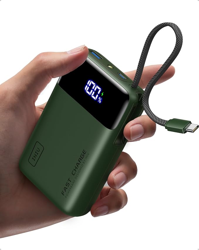 INIU 20000mAh Power Bank, Small 45W PD Fast Charging Portable Charger with Built-in USB C Cable, Flight-Safe Travel External Phone Battery Pack for iPhone 17 Pro Max Samsung S26 iPad etc, Green