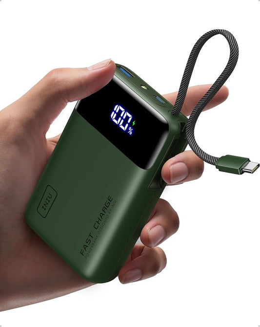 INIU 20000mAh Power Bank, Small 45W PD Fast Charging Portable Charger with Built-in USB C Cable, Flight-Safe Travel External Phone Battery Pack for iPhone 17 Pro Max Samsung S26 iPad etc, Green